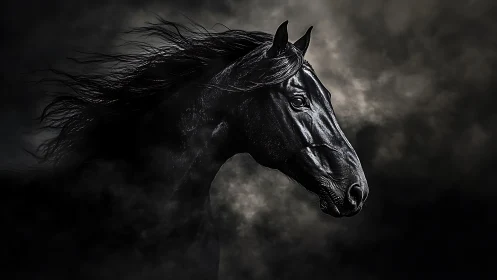 Black horse head emerges sharply from dense dark smoke