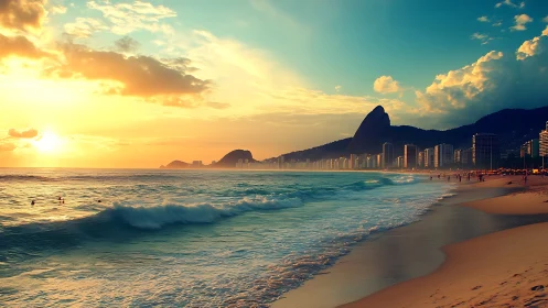 Sunlit surf kissing a luminous tropical skyline at dusk.
