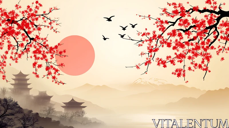Red maple branches frame tranquil pagoda sunrise landscape.