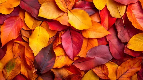 Overlapping autumn leaves form a dense multicolored surface