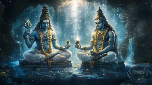 Mystic blue yogis sharing light in a hidden waterfall cave.