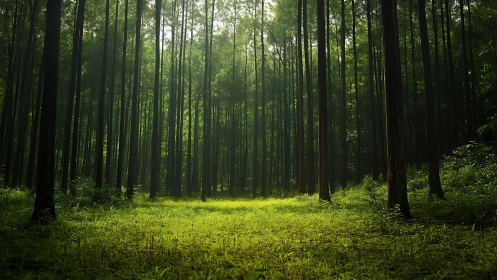 Sunlit dense forest with tall trees and lush green clearing, natural style.