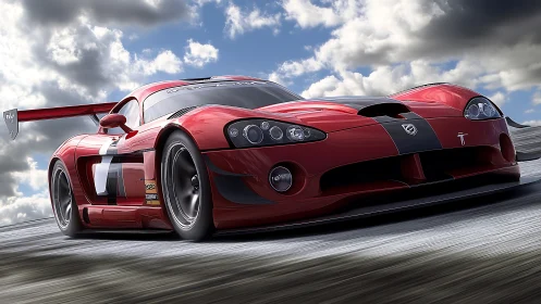 Red racing supercar charging across dynamic racetrack.