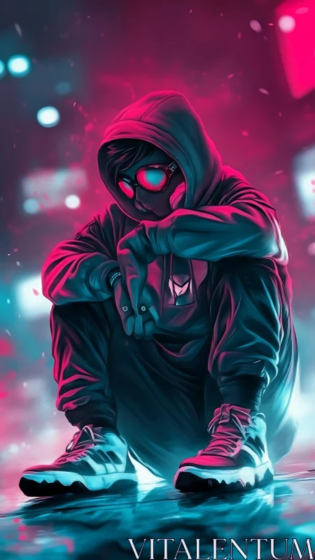 Hooded figure in neon urban scene wearing mask and sneakers.