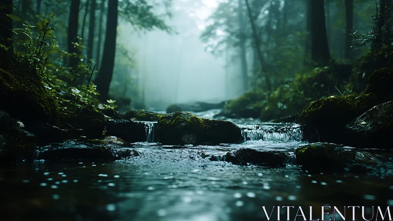 Serene Forest Stream Flows Through Misty Woodland