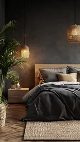 Moody bedroom retreat with wicker pendants and lush greenery.