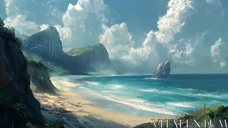 Towering Cliffs Frame Turquoise Beach Paradise.