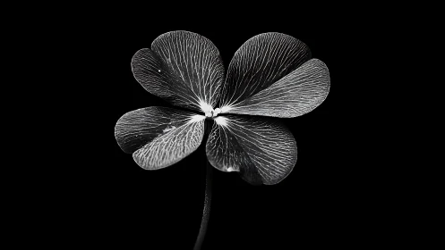 Monochrome macro clover leaf with luminous vein detail.