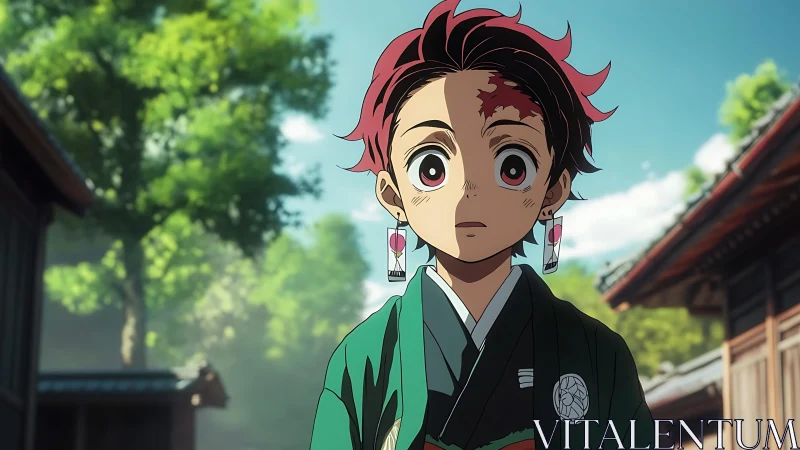 Anime character in traditional attire on village street.