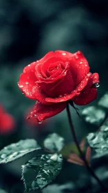 Crimson Rose with Hydrophobic Petals and Condensed Moisture Droplets.