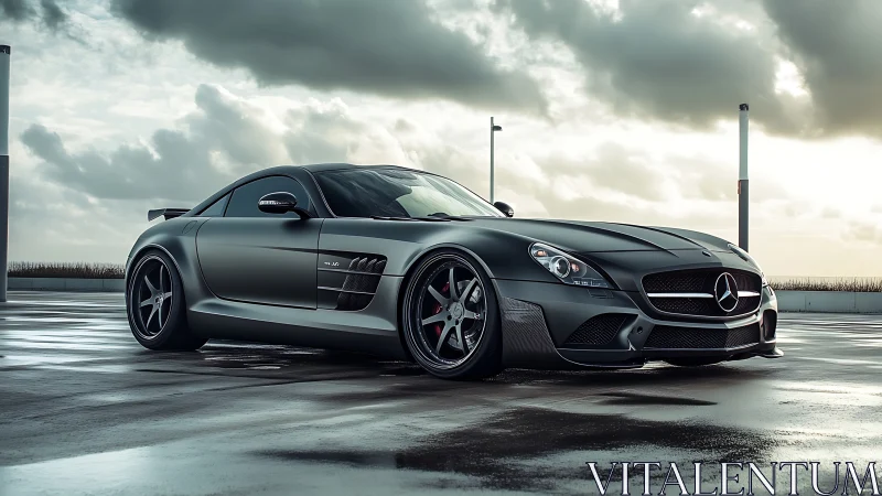 Sleek matte Mercedes coupe rests on a moody wet rooftop