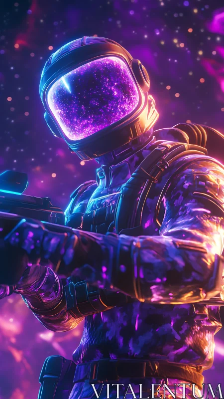 Neon-armored space soldier framed by luminescent galactic void