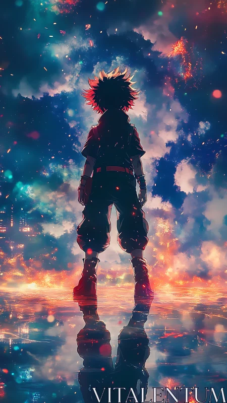 Stargazing hero stands tall above glowing, dreamlike water