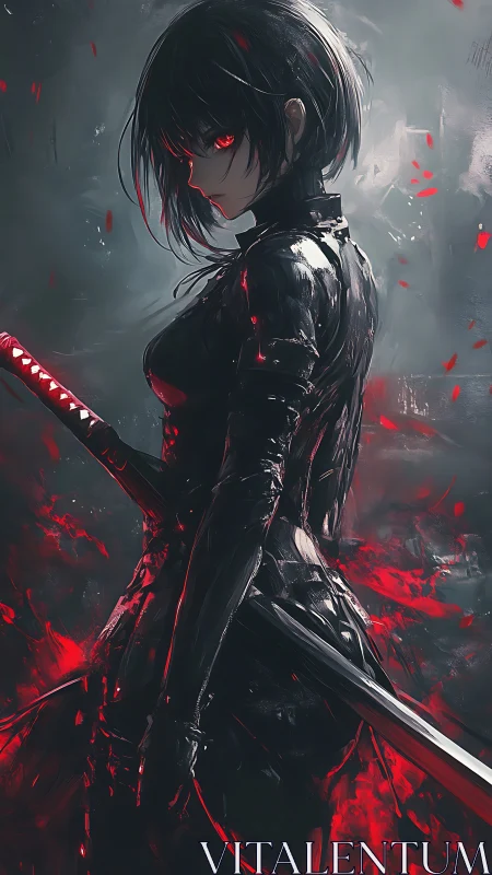 Shadowed cyber samurai stands in crimson stormlight resolve