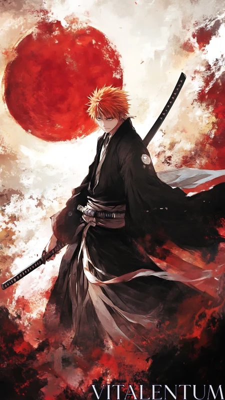 Orange haired swordsman in black robe before red sun.