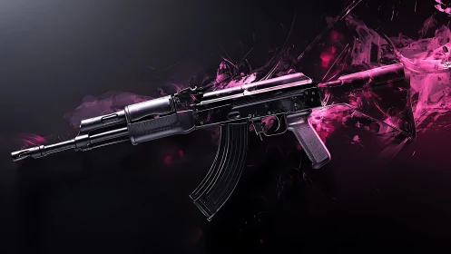 Rifle rendering with magenta abstract fluid background.