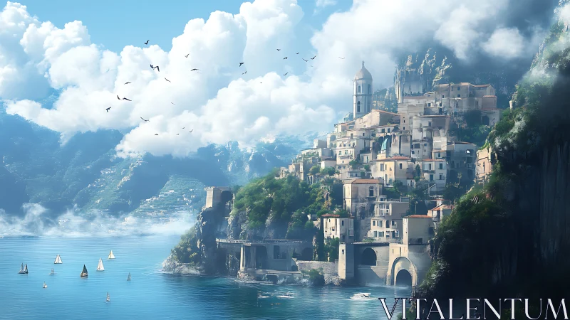 Cliffside Medieval Town Along Azure Mediterranean Waters.