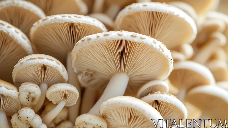 Clustered beige mushrooms display detailed underside gills