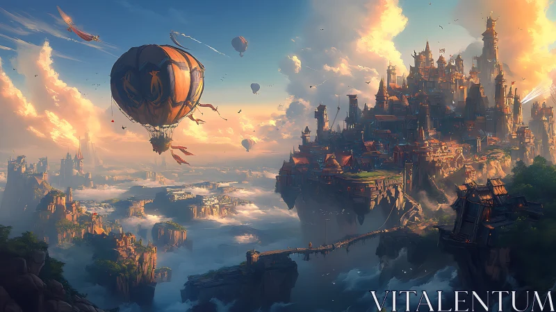 Floating castle kingdom soars with airships at sunrise sky.
