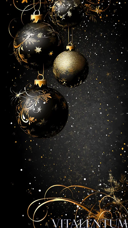 Black and gold ornament spheres on dark festive background.