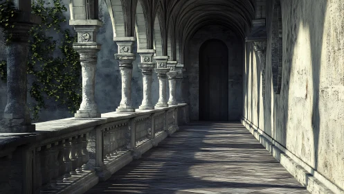 Sunlit cloister shadows courting a silent locked doorway.
