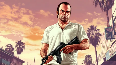 Armed male figure in stylized urban streetscape at sunset.