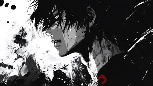 Brooding ink-washed warrior in stark monochrome profile.