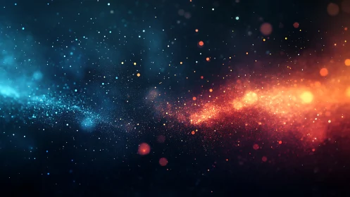 Abstract blue and orange particle light waves on dark field.