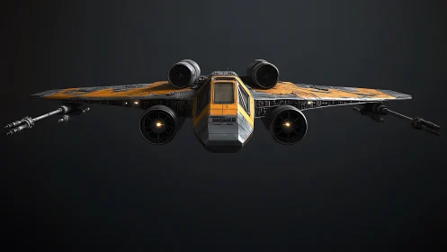 Orange sci fi starfighter front view on dark background.