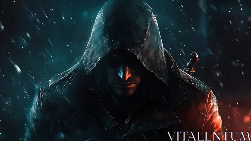 Hooded vigilante in cinematic rain with dramatic rim light.