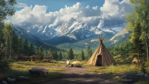 Mountain teepee camp under dramatic clouds at sunrise.