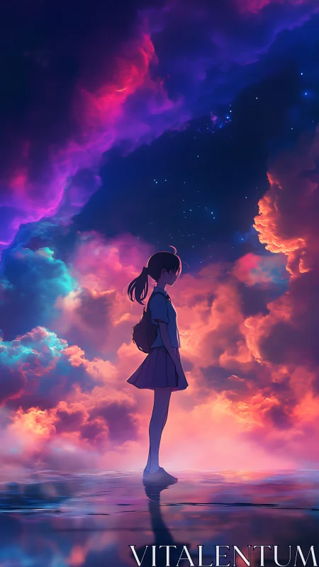Girl silhouetted against neon sunset clouds and sky mirror.