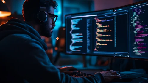 Midnight coder bends neon syntax across twin glowing screens