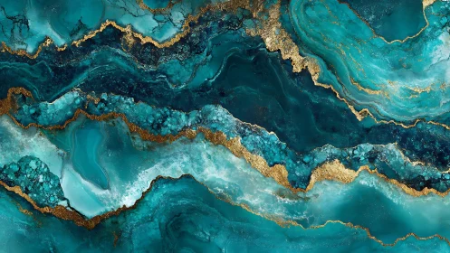 Abstract teal and gold marble texture with fluid, elegant lines.