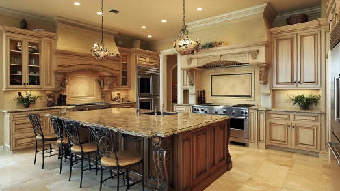 Traditional kitchen interior shows large island and custom cabinetry