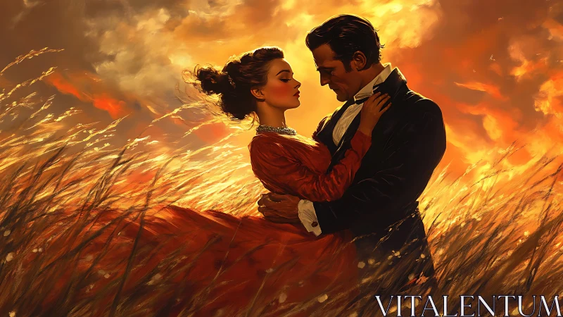 Romantic couple in golden wheat field at sunset.