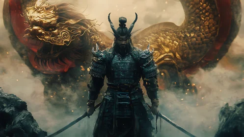 Storm-lit samurai stands proudly before a coiling dragon spirit