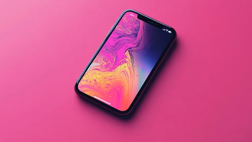 Smartphone with Liquid Gradient Wallpaper Against Pink Surface