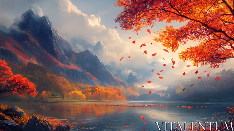 Digital painting of alpine lake amid luminous autumn canopy.