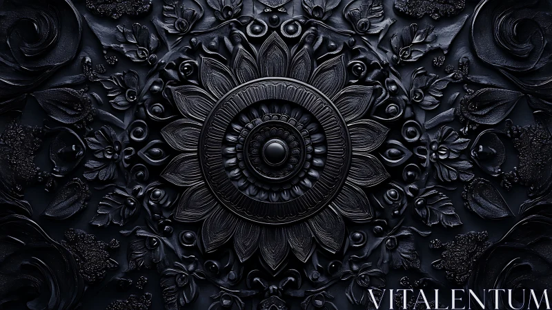 Dark floral mandala relief with detailed ornamental petals.