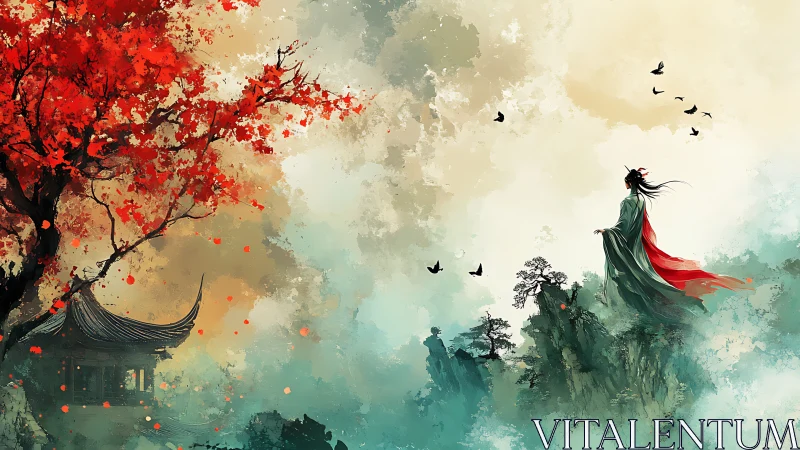 Wandering soul above misty cliffs and crimson autumn tree.