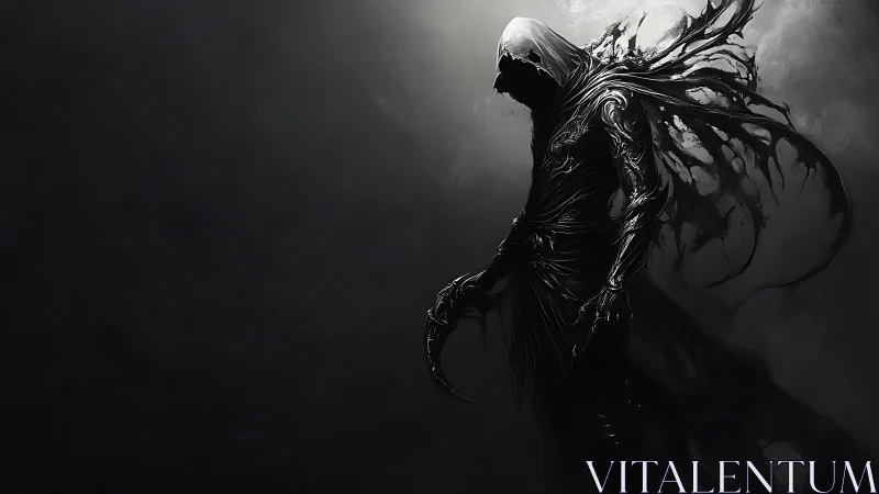 Dark hooded wraith with tattered shadowy wings poised.