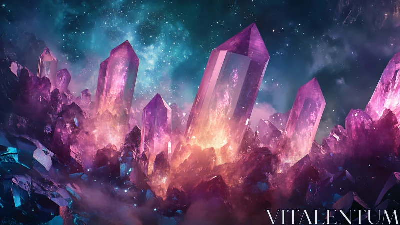 Large luminous violet crystals in nebula twilight landscape.