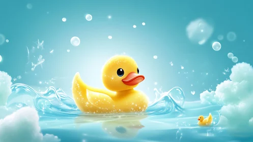 Digital render shows rubber duck models in stylized water scene