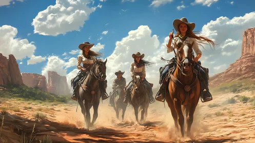 Four Cowgirls Riding Horses Through Dramatic Desert Landscape.