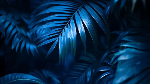 Luminous blue palm fronds rendered in high-contrast digital light