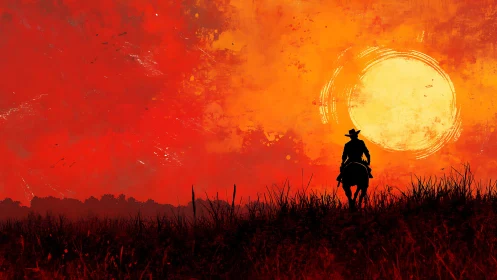 Lone cowboy rides home beneath a blazing western sunset sky