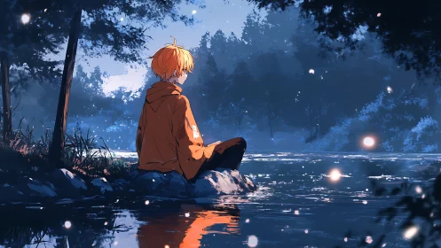 Nocturnal riverside reverie with orange-clad anime observer.