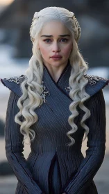 Silver haired queen in dark embroidered coat by shore