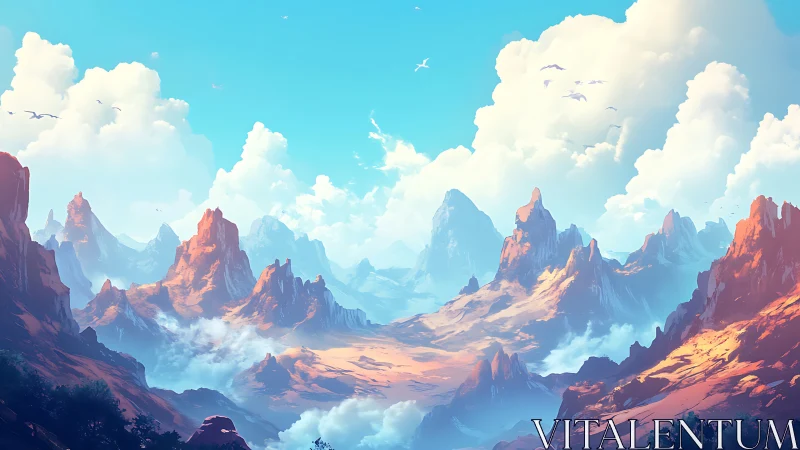 Sunlit fantasy mountains rise above drifting valley clouds